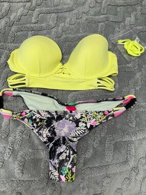 Victoria Secret Neon Yellow Push-Up Bikini Set with Floral Print Bottom